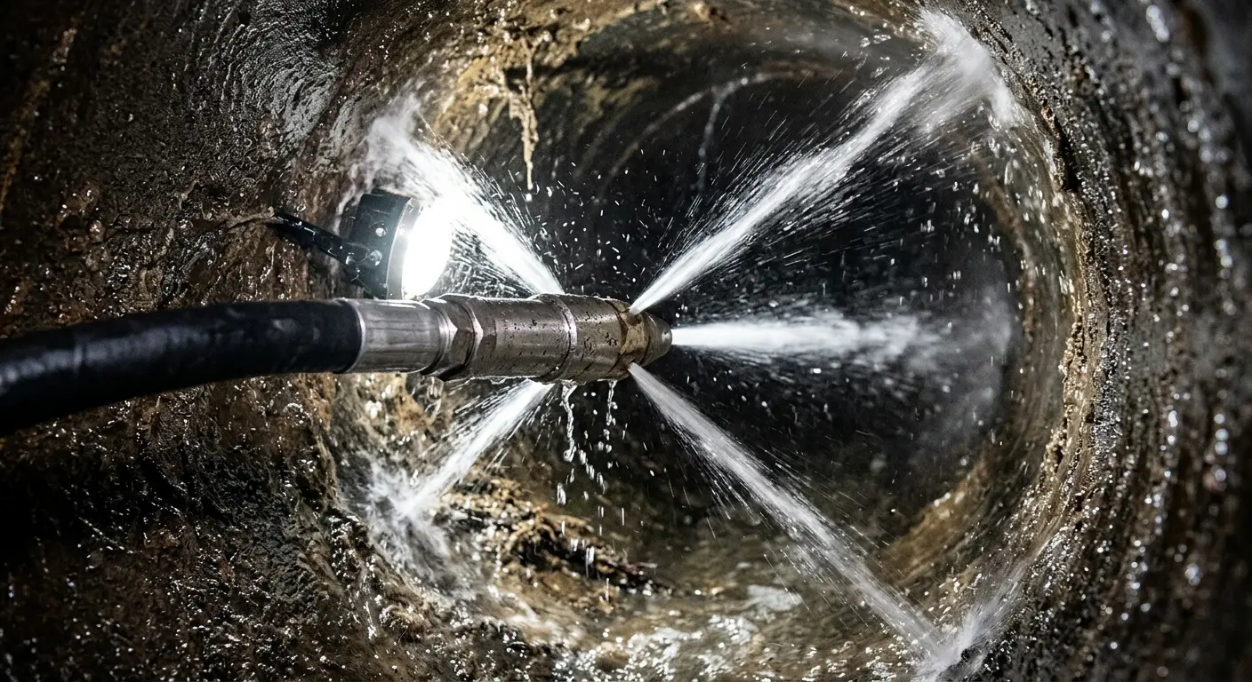 High-pressure hydro jetting nozzle cleaning sewer pipe for Trenchless Sewer Repair in Clayton