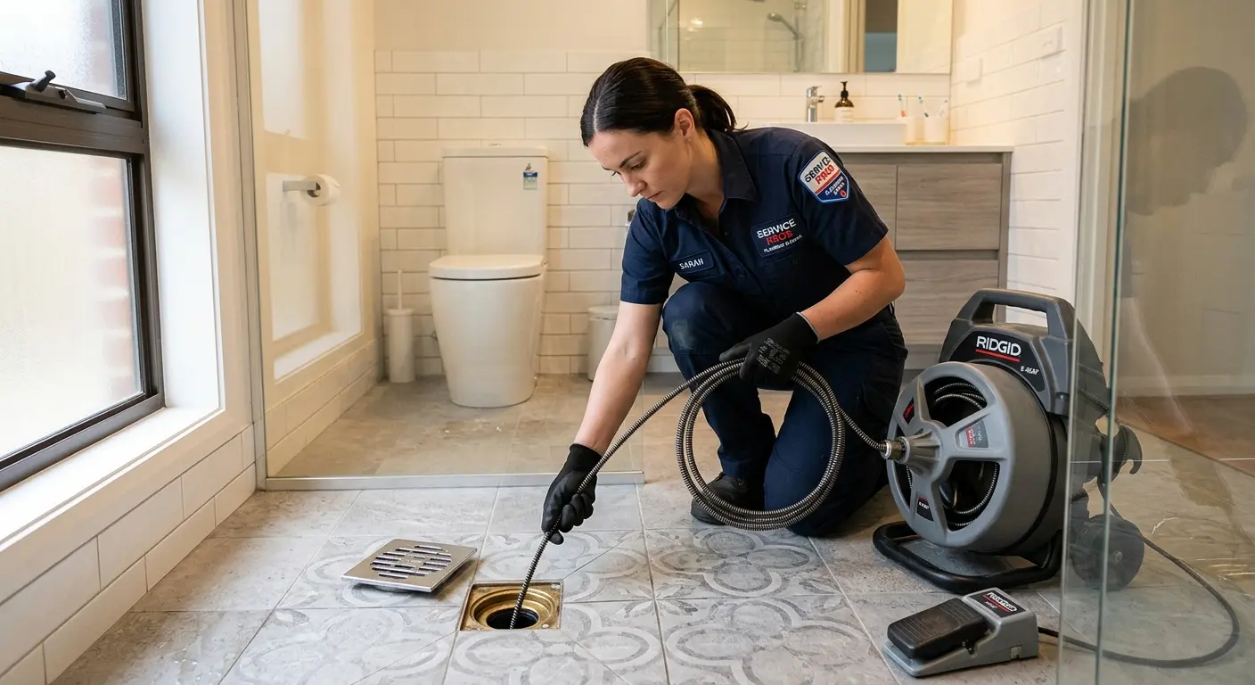 Technician clearing a bathroom floor drain for Clogged Drain Repair in Clayton
